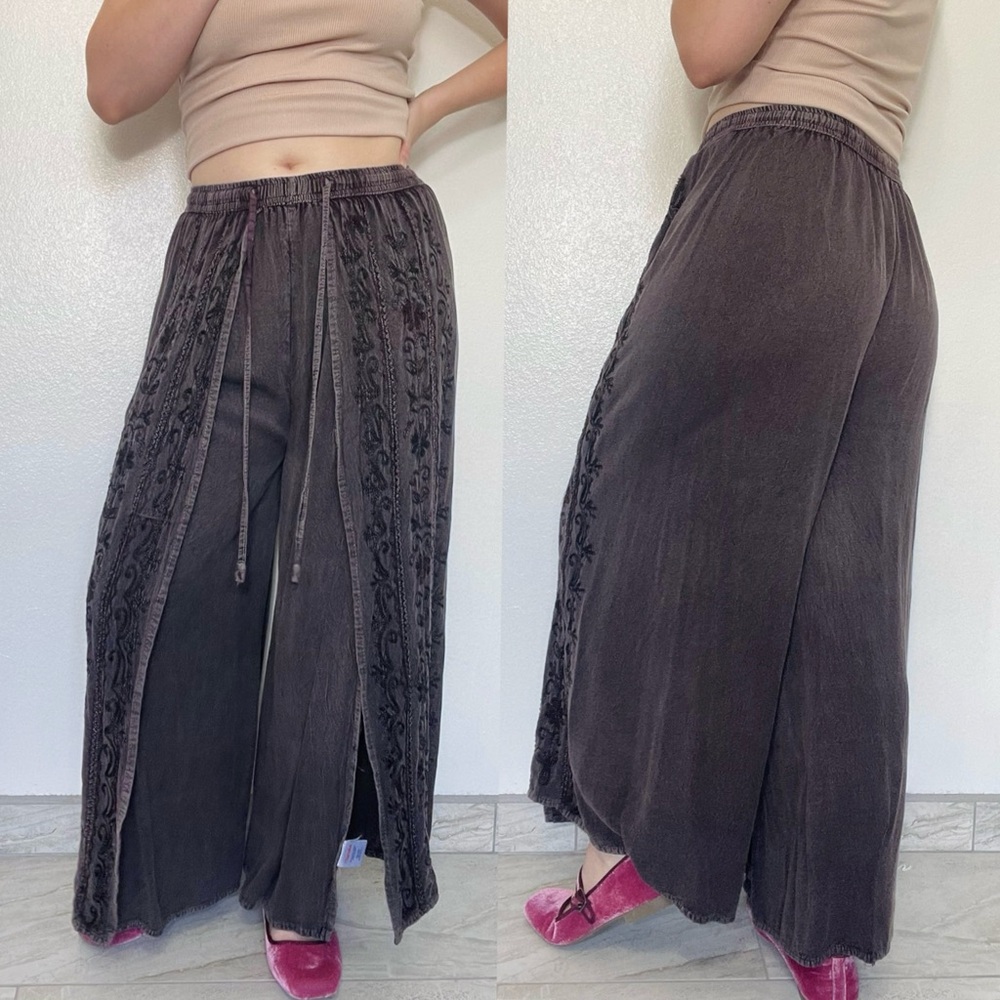 🌱5/$25🌱 Naisha | Brown/Gray Boho Embroidered Palazzo Split Wrap Open-Leg Pants